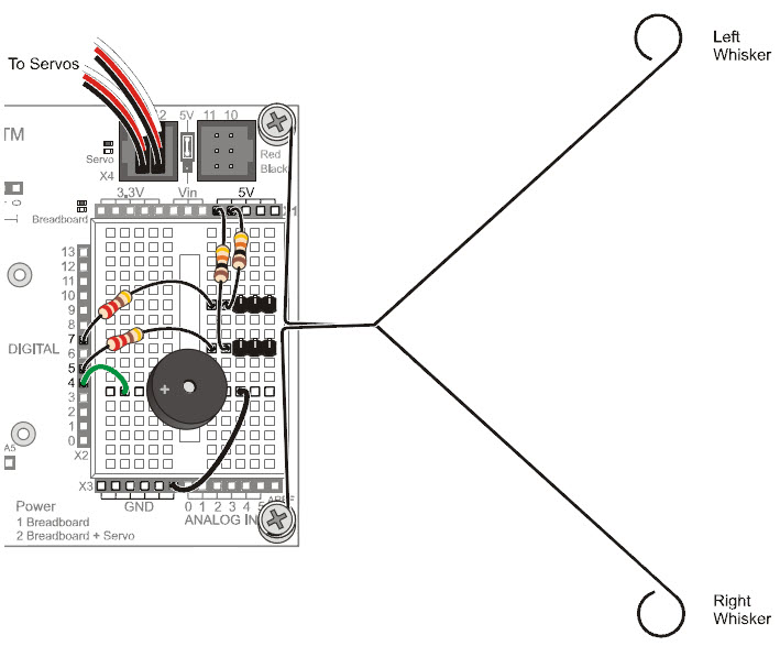 Wiring diagram for whisker sensor circuits on the BOE Shield-Bot