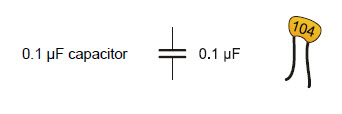 schematic symbol and part drawing for a 0.1 microfarad ceramic capacitor