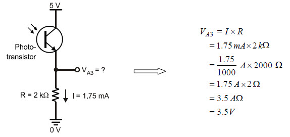 Ohm's Law equation where current equals 1.75 mA and resistance equals 2 k-ohms resolves to 3.5 volts 
