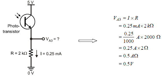 Ohm's Law equation where current equals 0.25 mA and resistance equals 2 k-ohms resolves to 0.5 volts