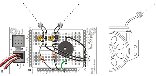 Drawing showing how to orient the two phototransistors on the BOE Shield-Bot breadboard 45 degrees above horizontal and 90 degrees apart, so the robot can "see" light coming from above to the right and the left