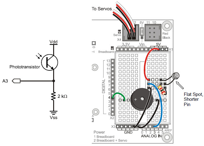 Schematic and wiring diagram to build a variable voltage output phototransistor circuit on the BOE Shield's prototyping area 