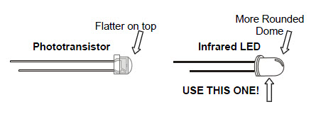 Drawing shows the difference between the flatter phototransistor case and the more rounded IR LED case