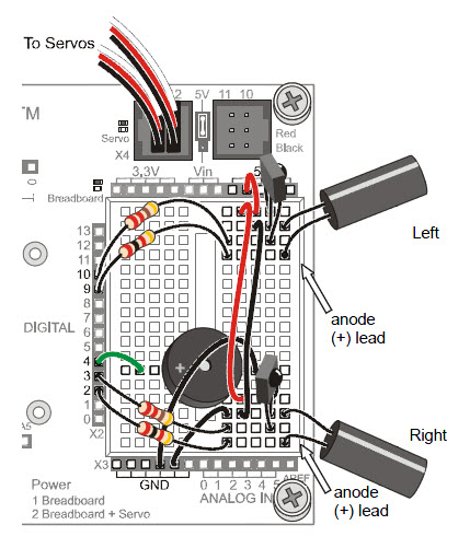 Wiring diagram shows parts placement for IR LEDs and receivers on the BOE Shield-Bot