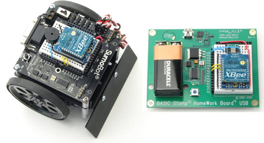 SumoBot robot and BASIC Stamp HomeWork Board with XBee RF modules