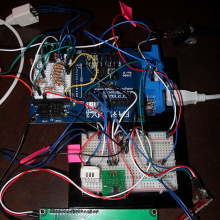 Shows LCD2004 connected to the Parallax Board of Education Shield for Arduino.